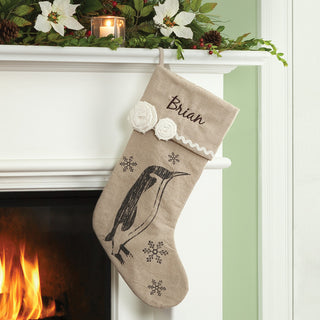 Vintage Linen Snowflake Penguin Personalized Stocking