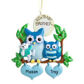 Personalized New Baby Sibling Owl Ornament---Boy/Boy