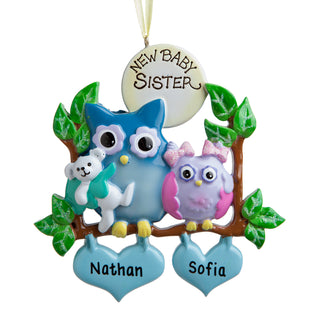 Personalized New Baby Sibling Owl Ornament---Big Boy/Baby Girl