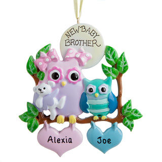 Personalized New Baby Sibling Owl Ornament---Big Girl/Baby Boy