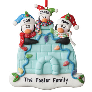 Personalized Penguin Family Of Three Igloo Ornament