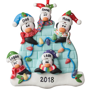 Personalized Penguin Family Of Five Igloo Ornament