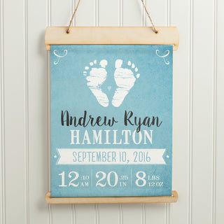 Baby Boy Footprints Personalized Hanging Canvas Banner