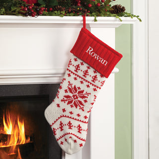 Personalized Snowflake Knit Stocking with Red Cuff