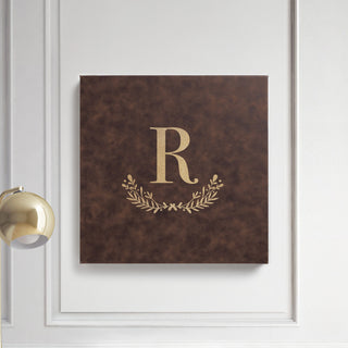 Initial With Vine Personalized Brown Leather 14x14 Canvas