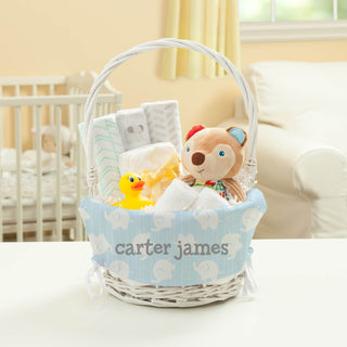 Wicker Basket With Personalized Baby Boy Elephant Liner