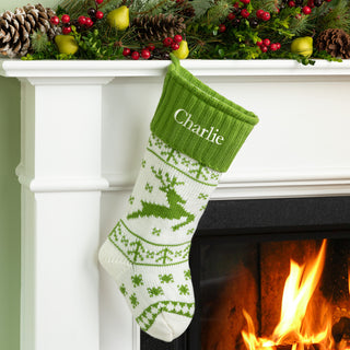 Personalized Deer Knit Stocking with Green Cuff