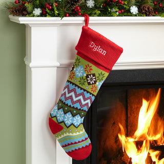 Personalized Fair Isle Stocking--Red Cuff With Snowflakes