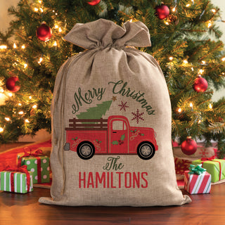 Chrstmas Truck Personalized Burlap Santa Sack