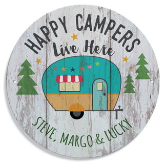 Happy Campers Live Here Personalized Round Metal Sign