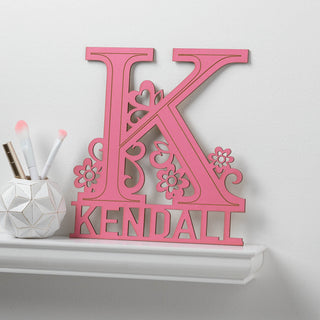 Floral Initial Pink Wood Plaque