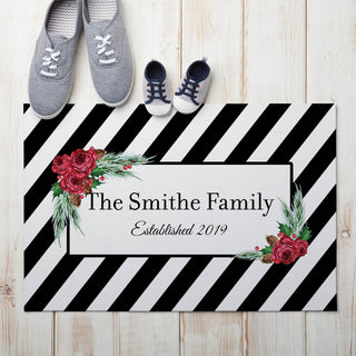 Striped Holiday Floral Personalized Doormat