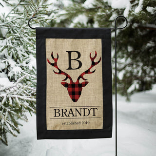 Buffalo Plaid Antlers Personalized Burlap Garden Flag