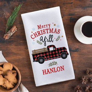 Merry Christmas Y'all Holiday Truck Personalized Waffle Tea Towel