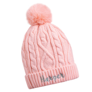 Kid's Pink Cable Knit Hat With Pom