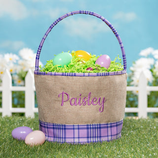 Personalized Purple Plaid Burlap Bucket Bag 