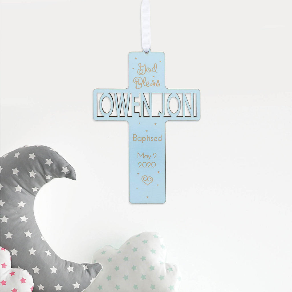 Baby Blue Baptism Cross Personalized Wood Plaque – Personalized Planet