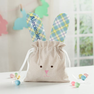 Teal Plaid Bunny Ears Personalized Drawstring Pouch