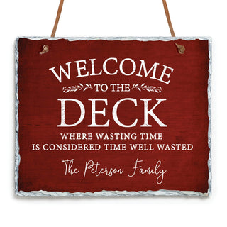 Red Welcome To The Deck Personalized Hanging Slate Sign