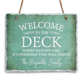 Teal Welcome To The Deck Personalized Hanging Slate Sign