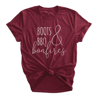 Boots BBQ & Bonfires Ladies' Burgundy T-Shirt