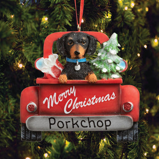 Red Truck With Black Dachshund Personalized Ornament