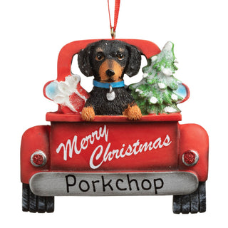 Red Truck With Black Dachshund Personalized Ornament