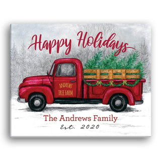 Happy Holidays Tree Farm Truck Personalized 16x20 Canvas