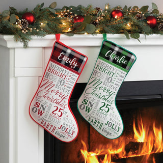 Merry Christmas Word Art Personalized Red Trim And Cuff Stocking