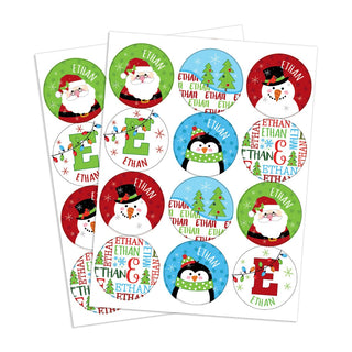 Jolly Christmas Characters Personalized Round Stickers - Set of 48