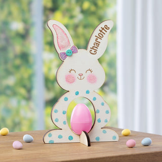 Girl Bunny DIY Personalized White Wood Egg Holder 