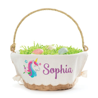 Unicorn Personalized Scalloped Linen Liner with Brown Basket