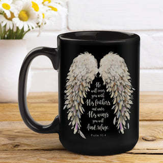 He Will Cover You With His Feathers Black Coffee Mug - 15 oz.