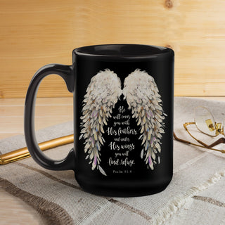 He Will Cover You With His Feathers Black Coffee Mug - 15oz