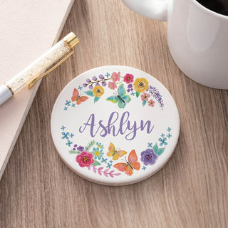 Flowers And Butterflies Personalized Round Desk Coaster