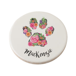 Floral Paw Print Personalized Round Desk Coaster