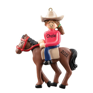 Brunette Female Horseback Personalized Ornament