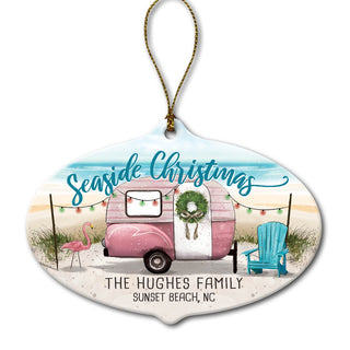 Seaside Christmas Camper Ceramic Oval Ornament