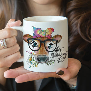 Cow with Glasses Personalized White Coffee Mug - 11 oz.