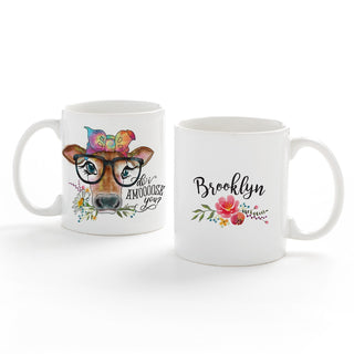 Cow with Glasses Personalized White Coffee Mug - 11 oz.