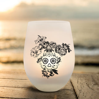 Floral Skull Frosted Wine Glass Votive Holder