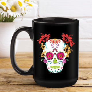 Floral Skull Monogram Black Coffee Mug - 15oz