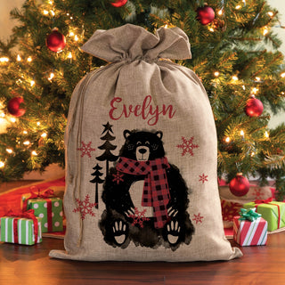 Cozy Bear Personalized Red Burlap Santa Sack