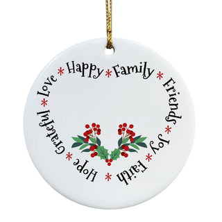 Heart Shaped Holiday Words Personalized Round Ceramic Ornament