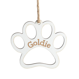 Paw Print Cutout Personalized White Wood Ornament