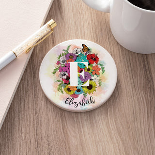 Colorful floral desk coaster with initial and name