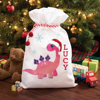 Pink dino santa hat santa sack with name