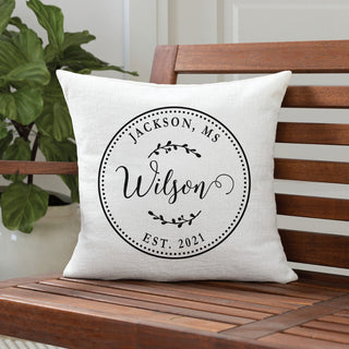 Circle with Script Name and Vine Accents Throw Pillow