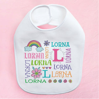 Rainbow fleece baby bib with name and initial