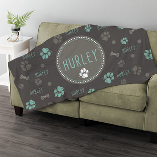 Paw and bone fuzzy throw blanket with name